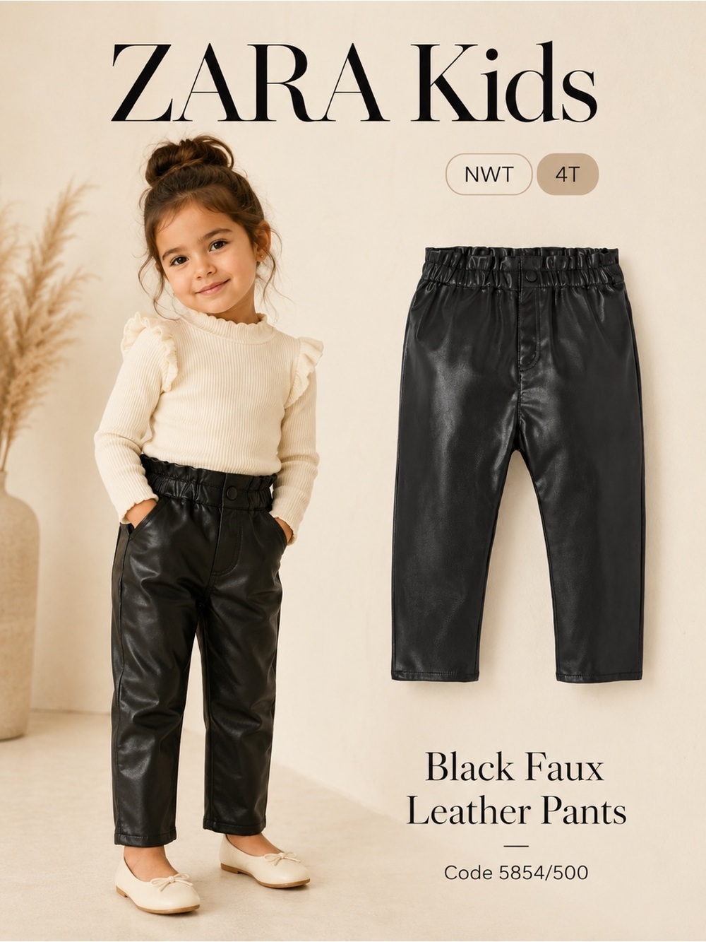 Zara Kids Black Faux Leather Pants NWT 4T